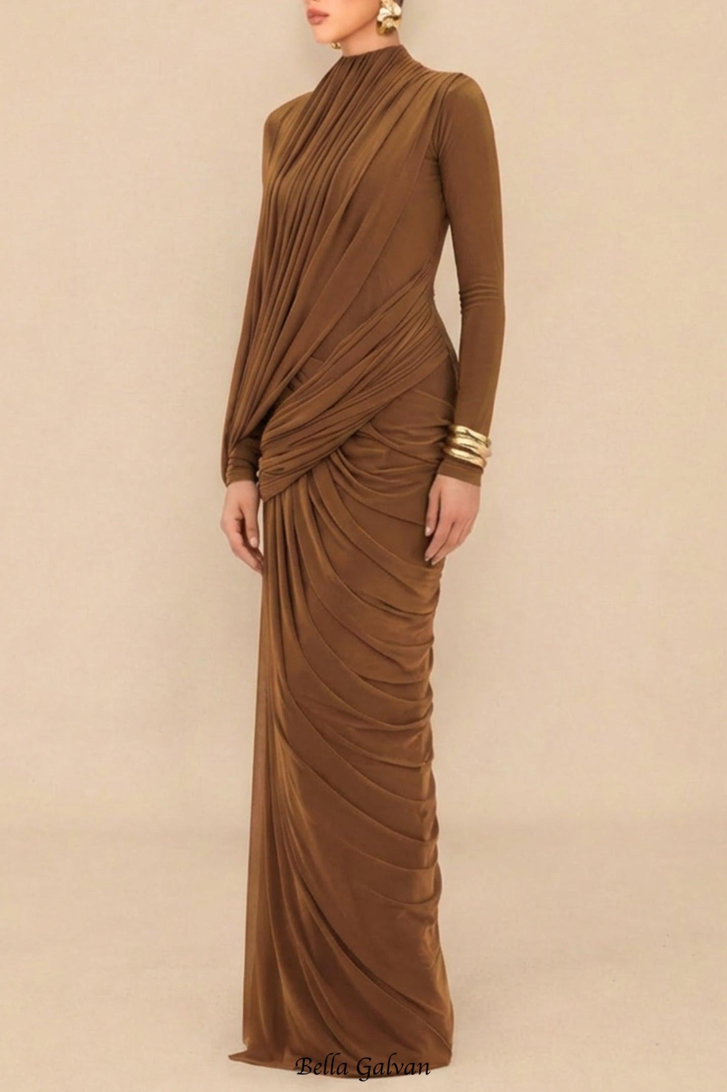liz High Neck Asymmetric Drape ruched Maxi Dress in brown