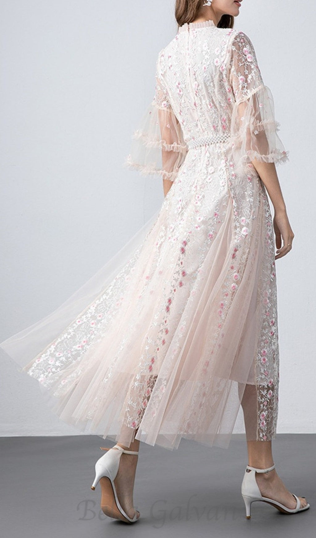 Flowering Girl Women flower mesh midi dress in apricot