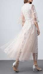 Flowering Girl Women flower mesh midi dress in apricot