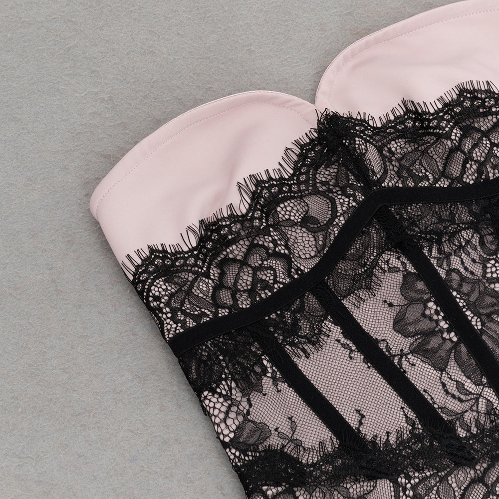 Flowering Girl Women Strapless black Lace Corset Maxi Dress in pink
