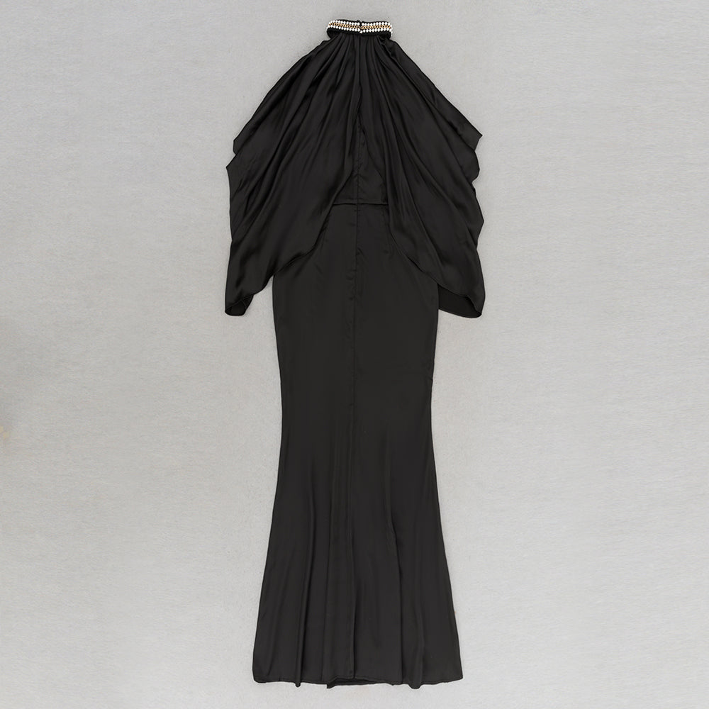 Flowering Girl Women off-shoulder crystal halter maxi dress in black
