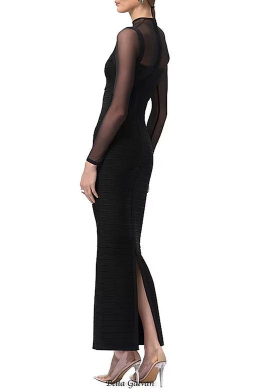 tina black long-sleeve mesh see-through bandage maxi dress