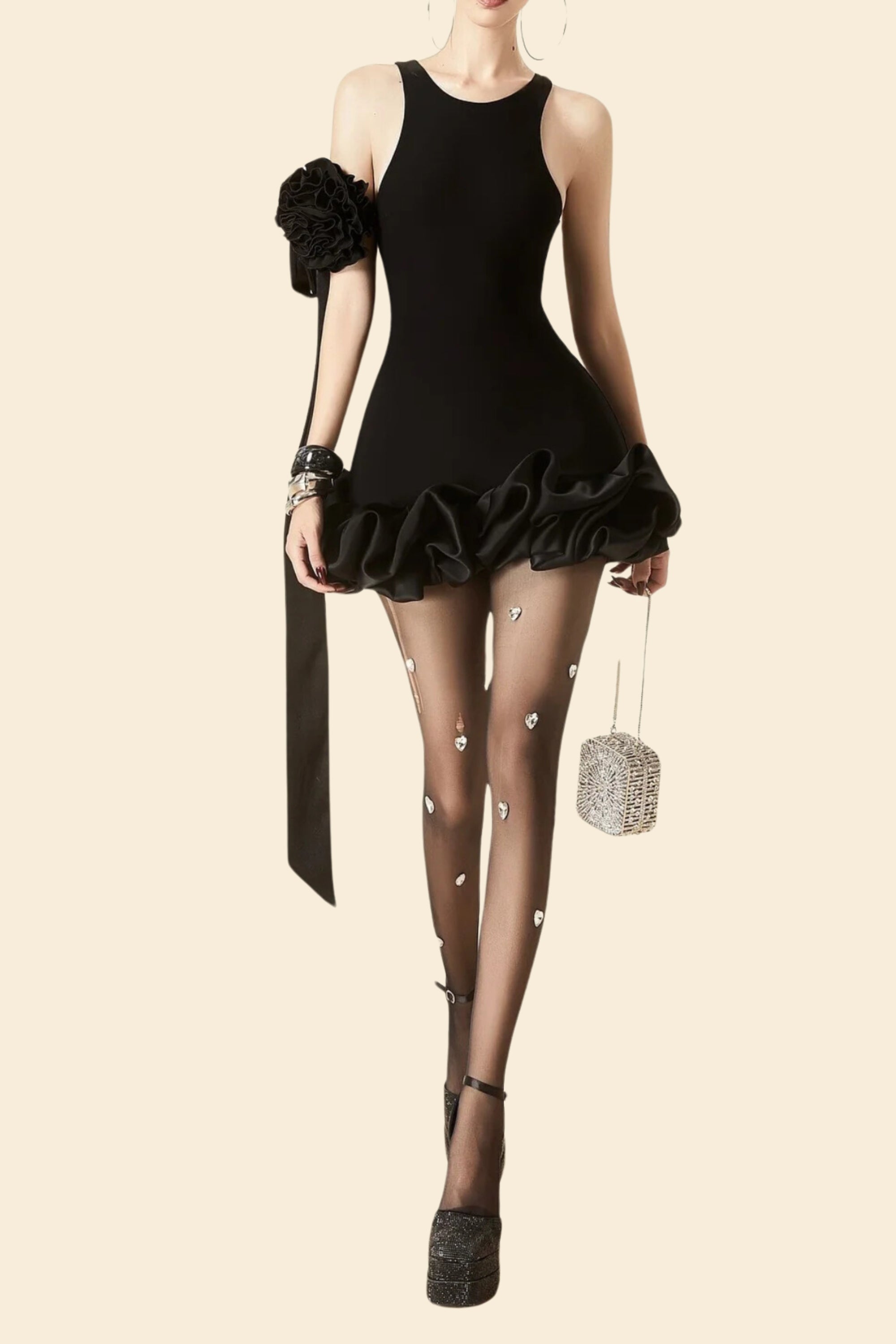Flowering Girl Women Flower Trim Sleeveless Mini Dress In Black
