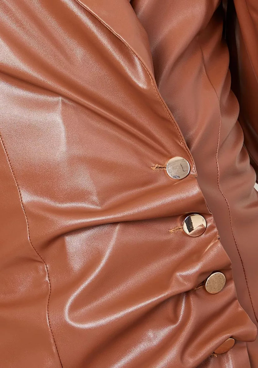 Flowering Girl Women notch lapel leather blazer dress in brown