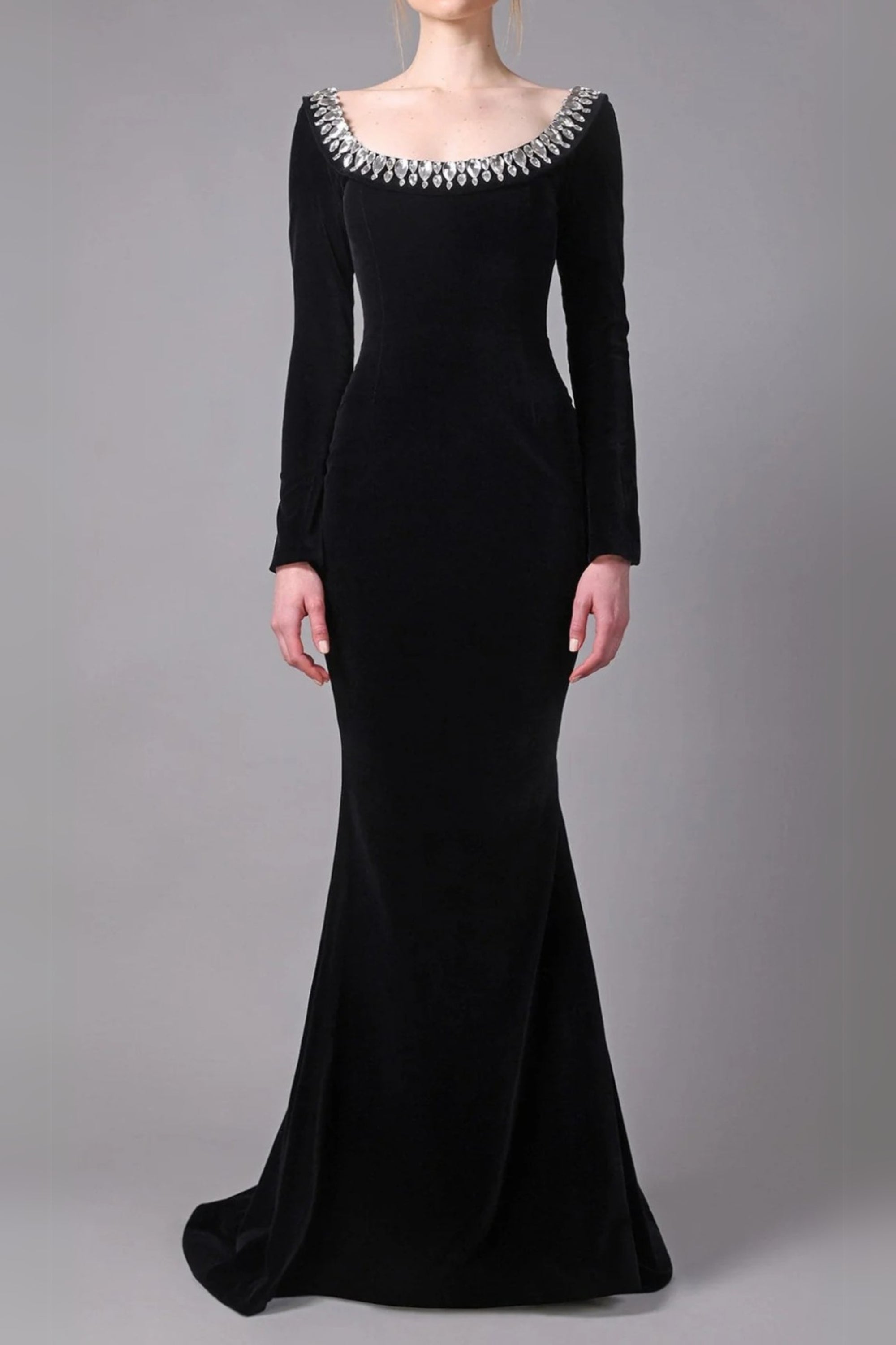 Flowering Girl Women Black Crepe Gown With Crystal Neckline