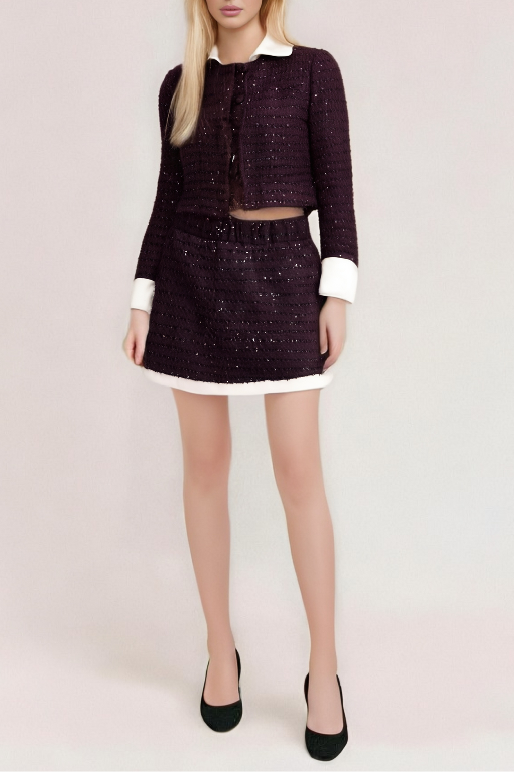 Flowering Girl Women Brigitte Purple Sequined Tweed Jacket & Skirt Matching Set