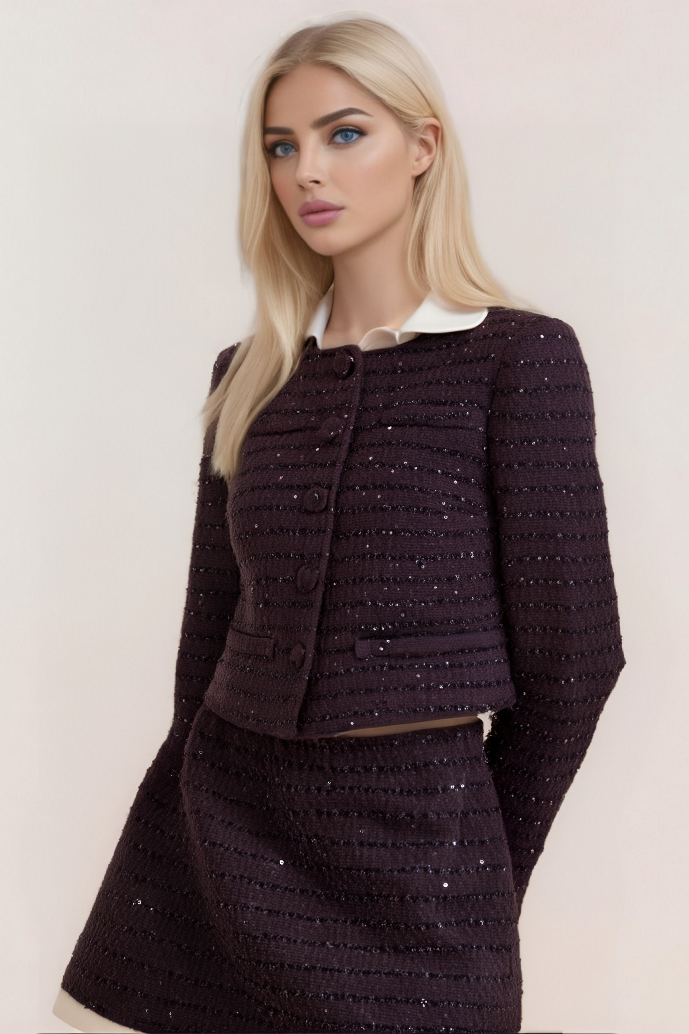 Flowering Girl Women Brigitte Purple Sequined Tweed Jacket & Skirt Matching Set