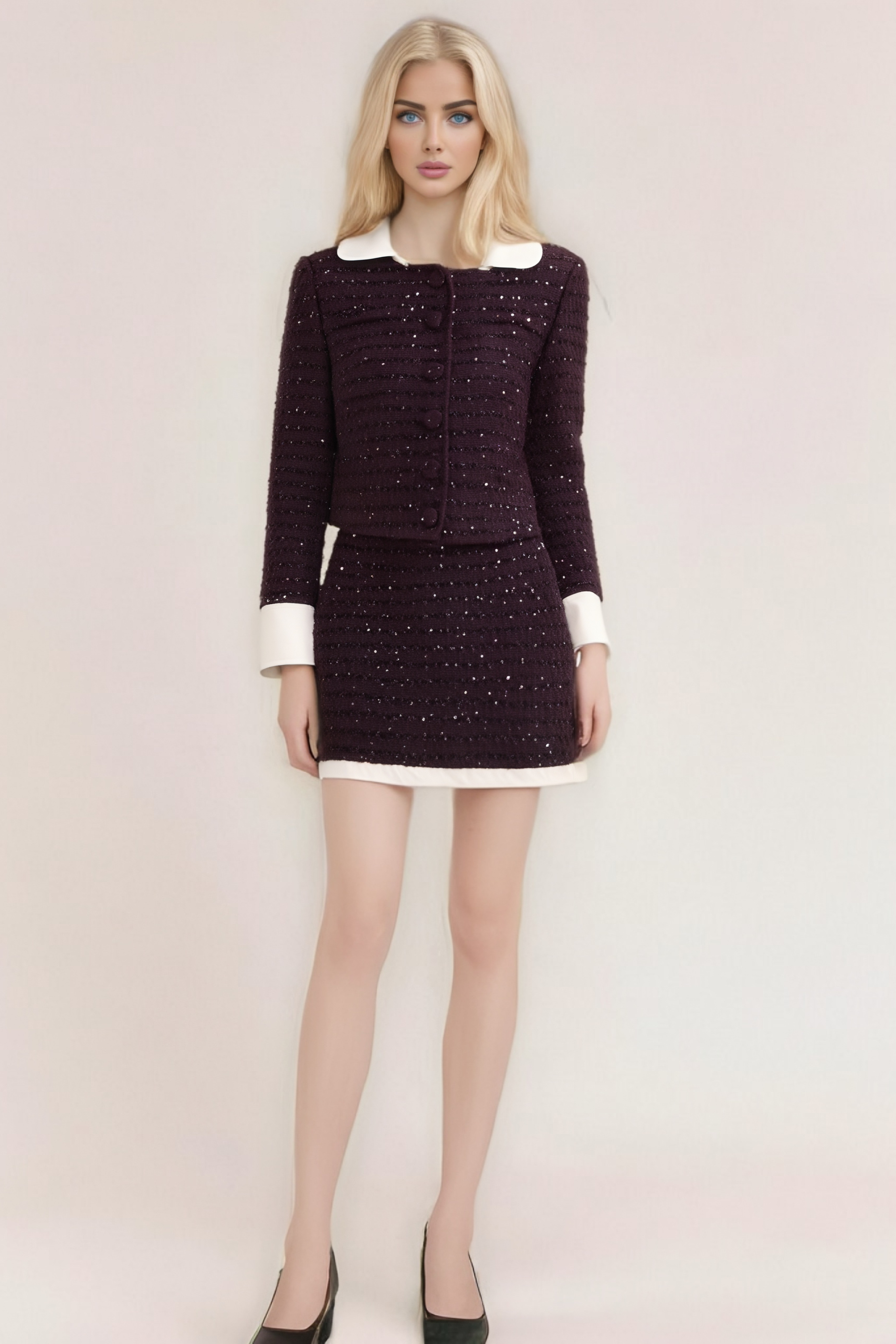 Flowering Girl Women Brigitte Purple Sequined Tweed Jacket & Skirt Matching Set