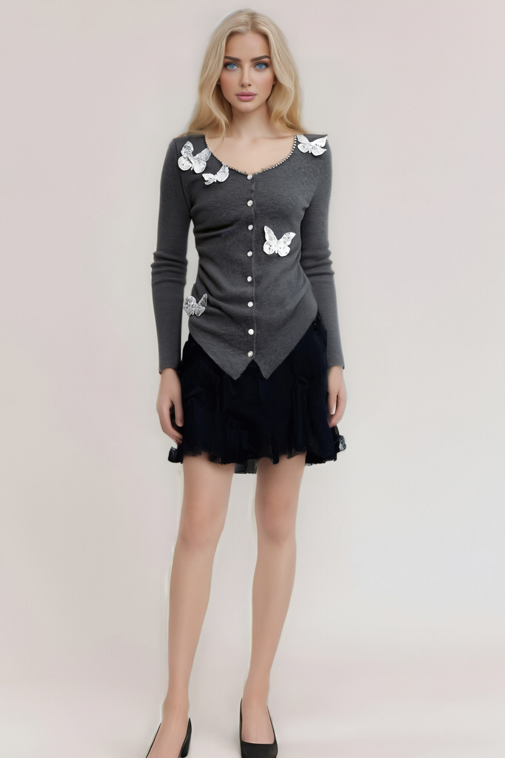 Flowering Girl Women Anastasie Grey Sequined Butterfly-Motif Cardigan