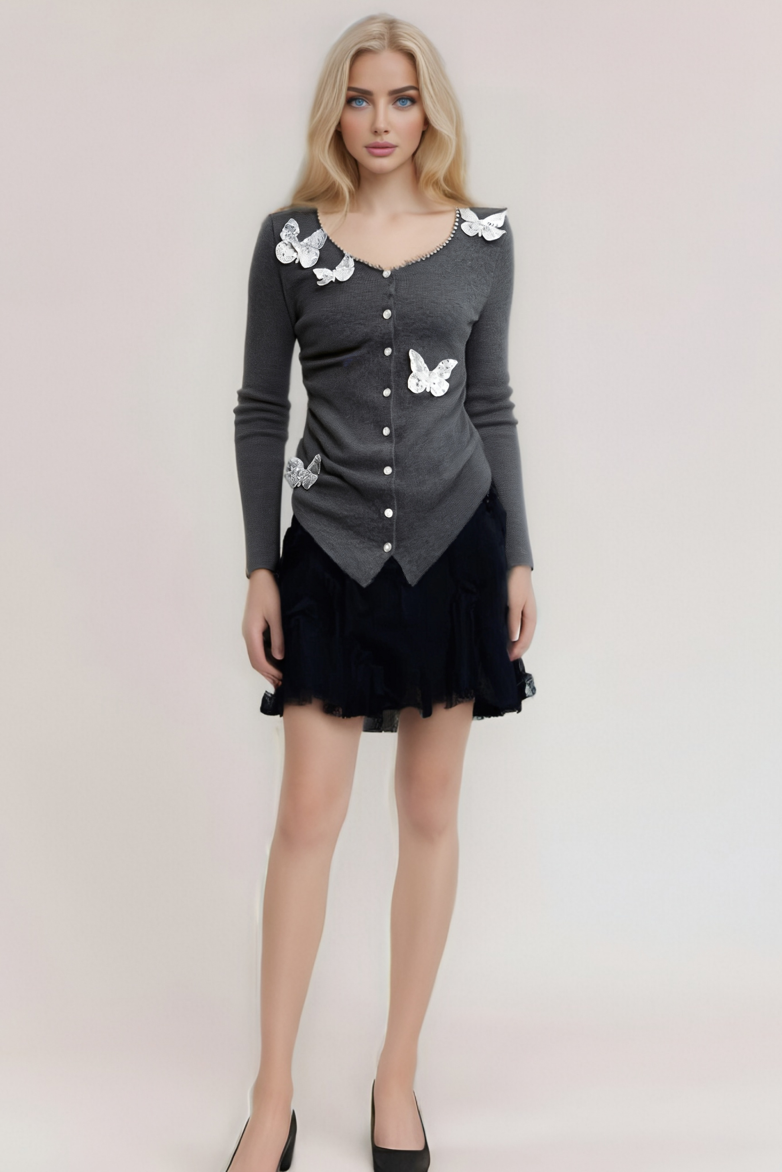 Flowering Girl Women Anastasie Grey Sequined Butterfly-Motif Cardigan