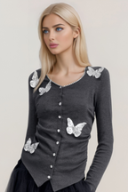 Flowering Girl Women Anastasie Grey Sequined Butterfly-Motif Cardigan