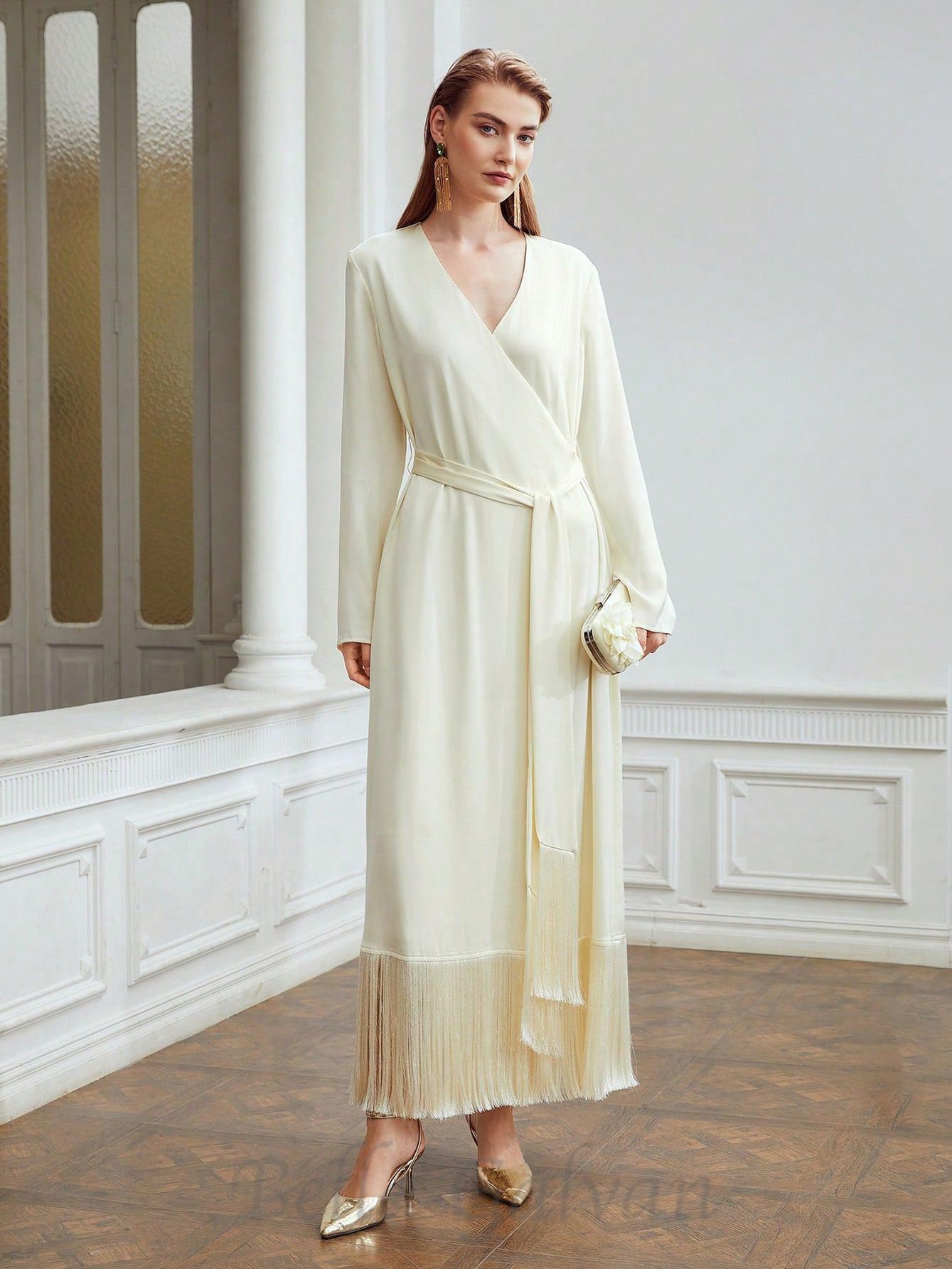 Flowering Girl Women belted satin fringe-hem dress in beige