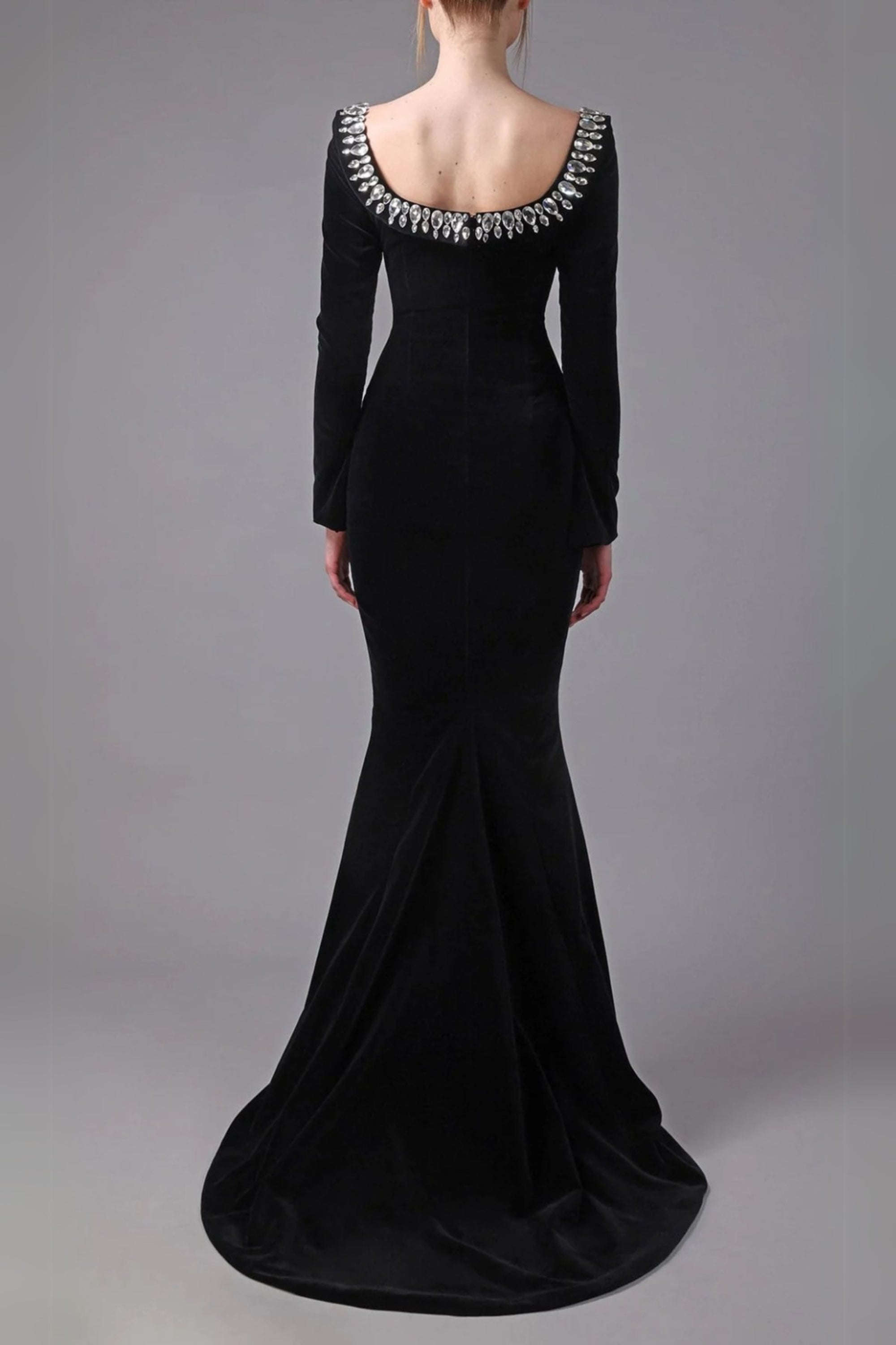 Flowering Girl Women Black Crepe Gown With Crystal Neckline