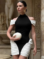 black-white Panel Sleeveless Gathered Halter mini Dress