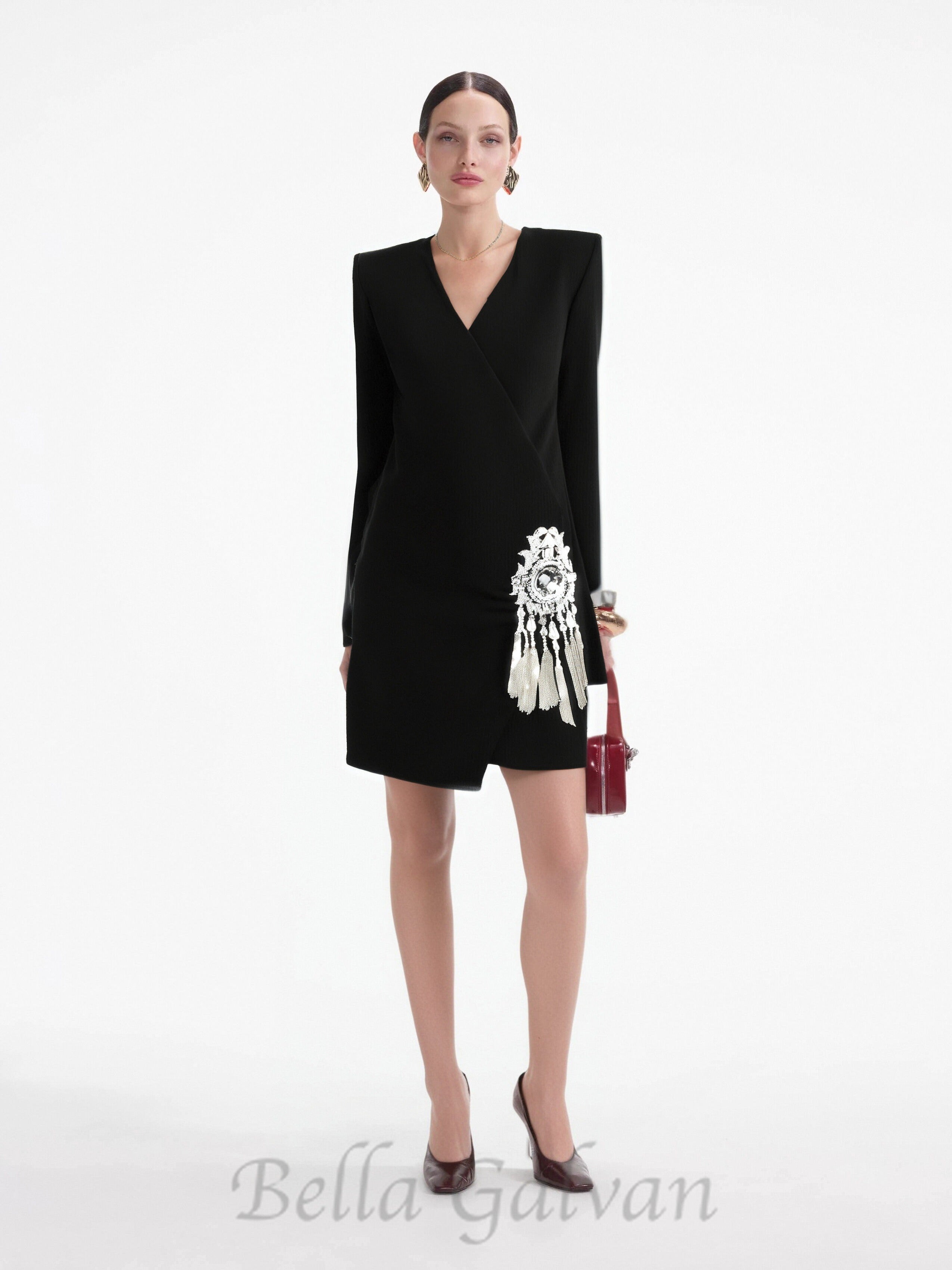 Flowering Girl Women crystal draped embellished black mini dress