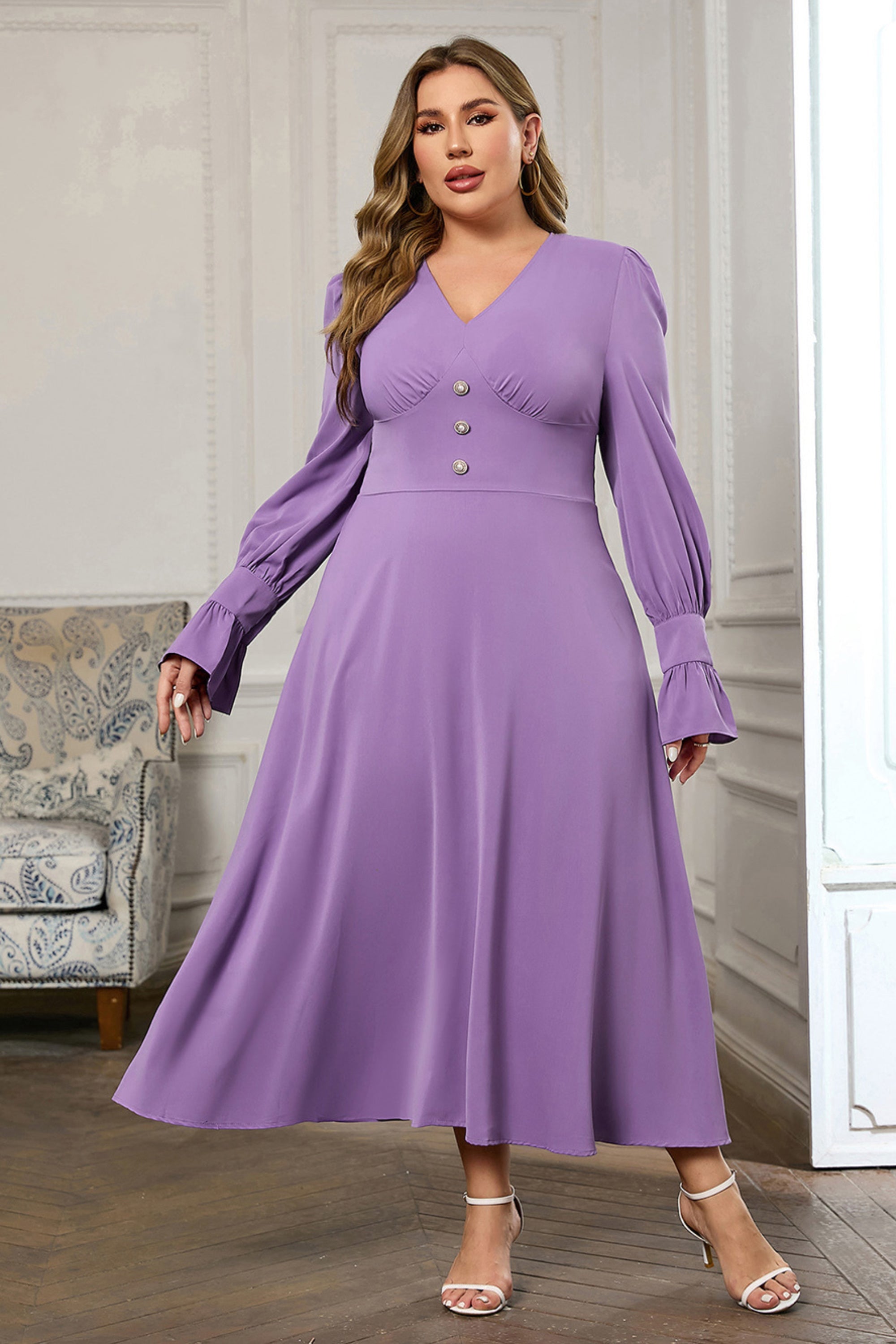 Flowering Girl Women Long Sleeve V Neckline Midi Dress In Purple
