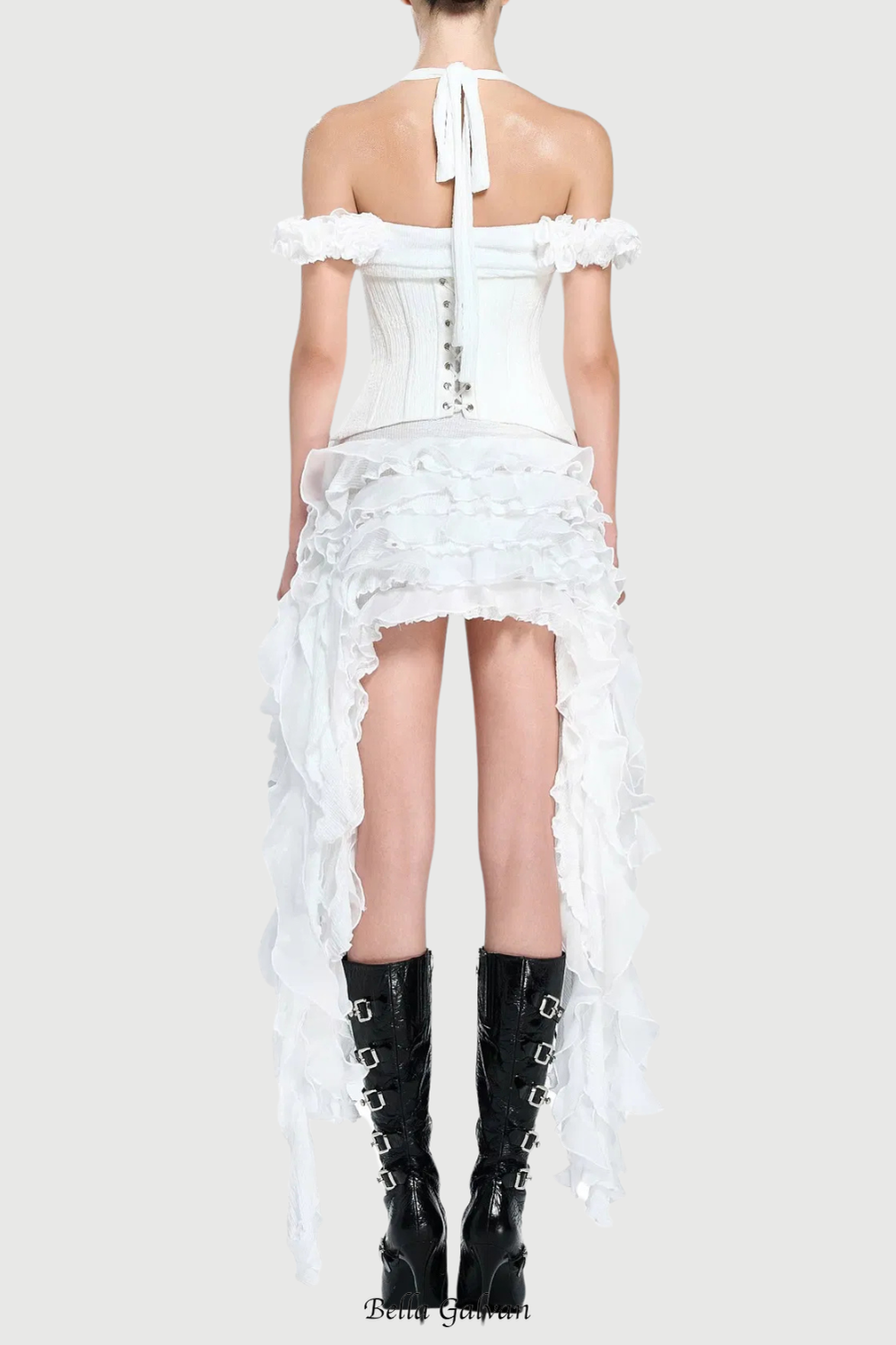 Flowering Girl Women elva halter three-dimensional flower irregular tassel mini dress in white
