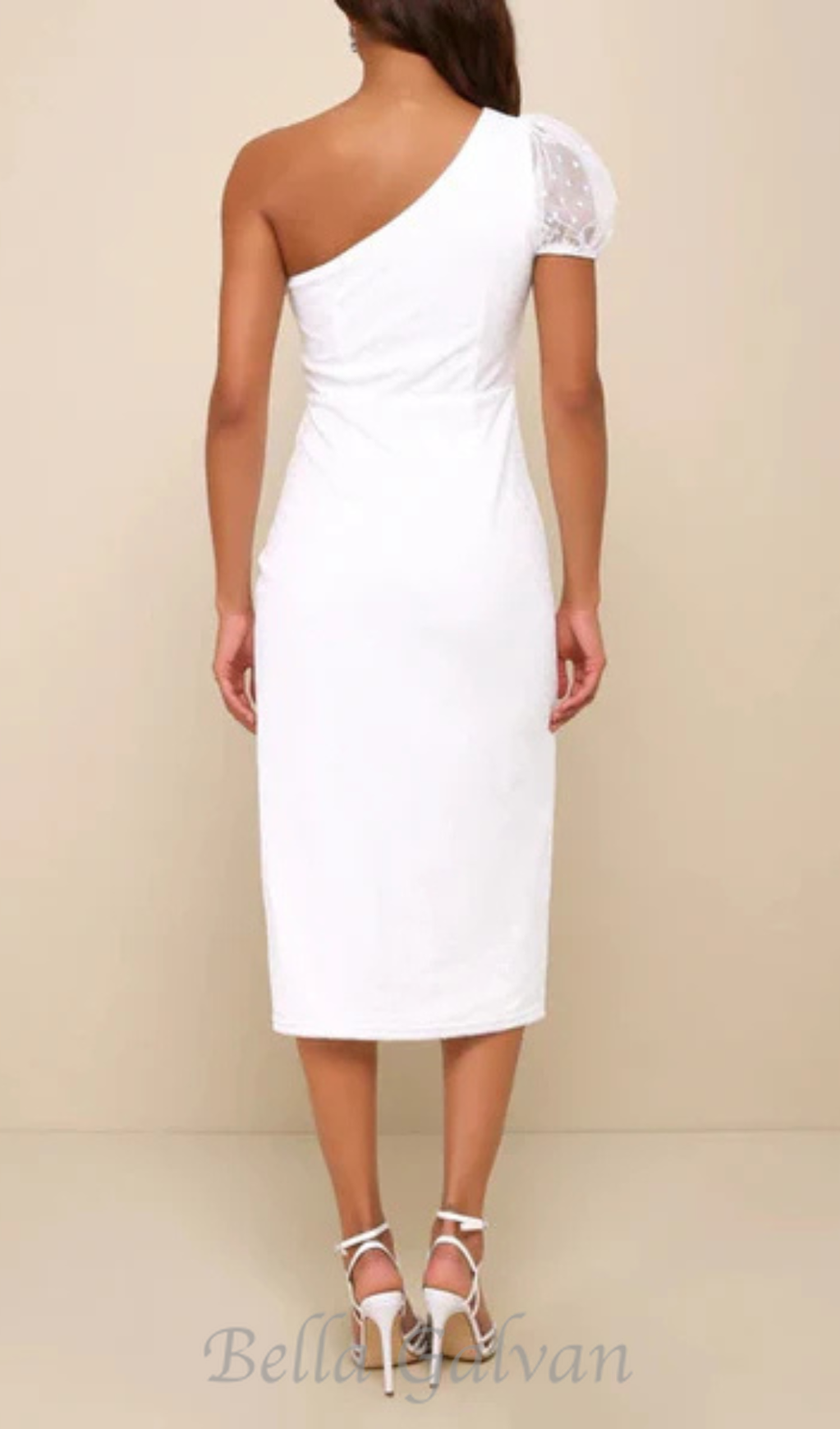 Flowering Girl Women Amazing Glamour White Polka Dot Mesh One-Shoulder Midi Dress