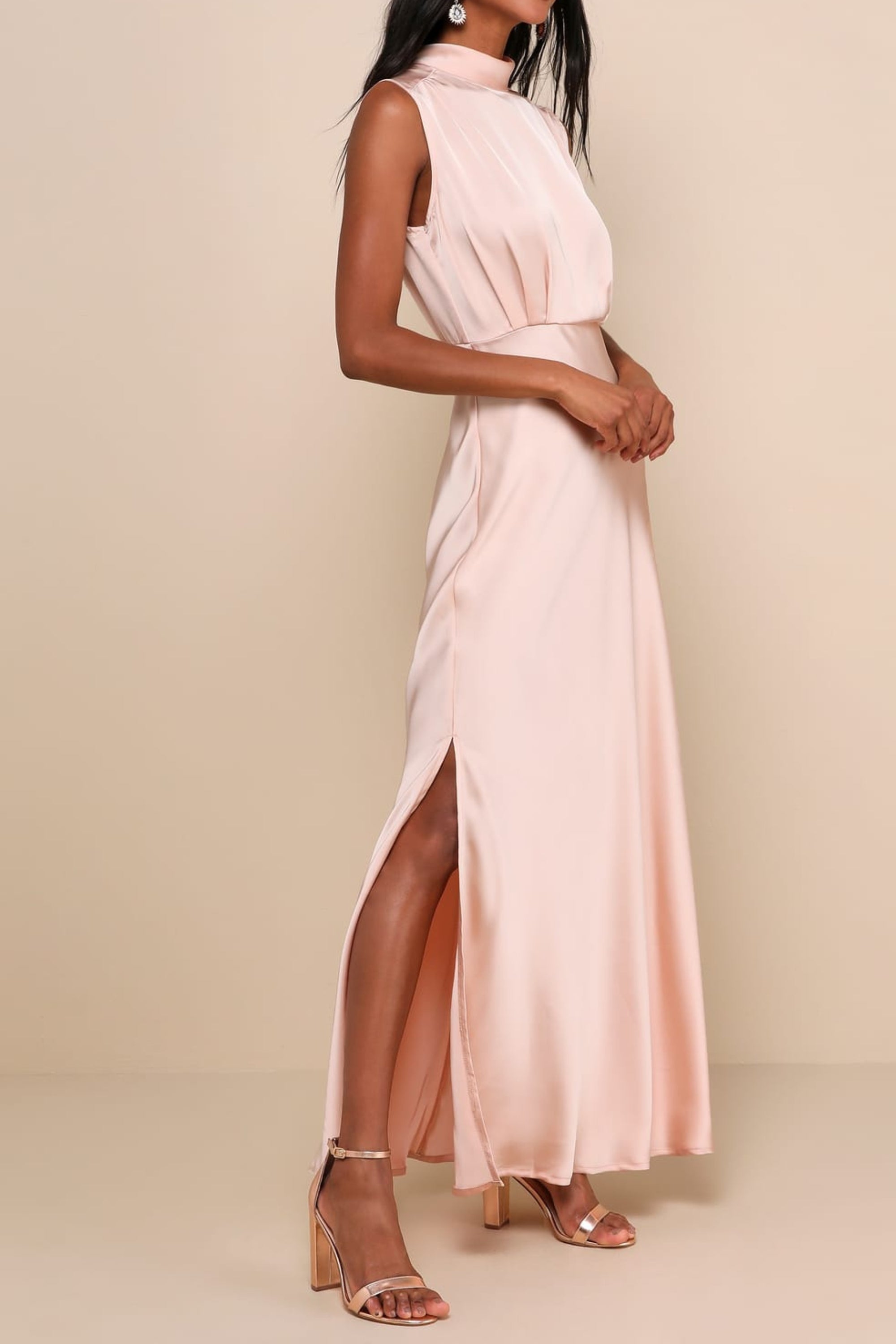 Flowering Girl Women Blush Satin Sleeveless Mock Neck Maxi Dress