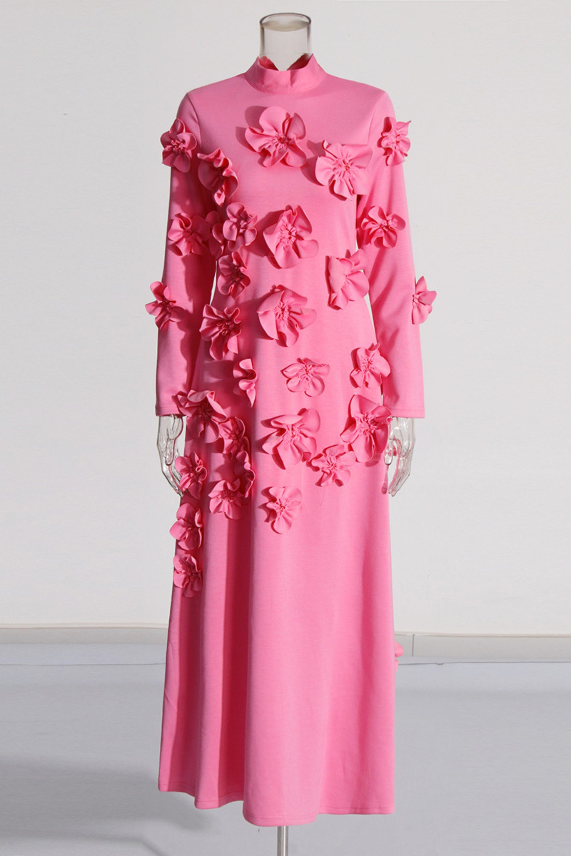 Flowering Girl Women 3D Flower Stand Collar Long Sleeve Midi Dress