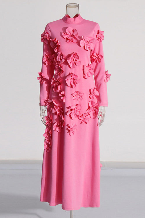 Flowering Girl Women 3D Flower Stand Collar Long Sleeve Midi Dress