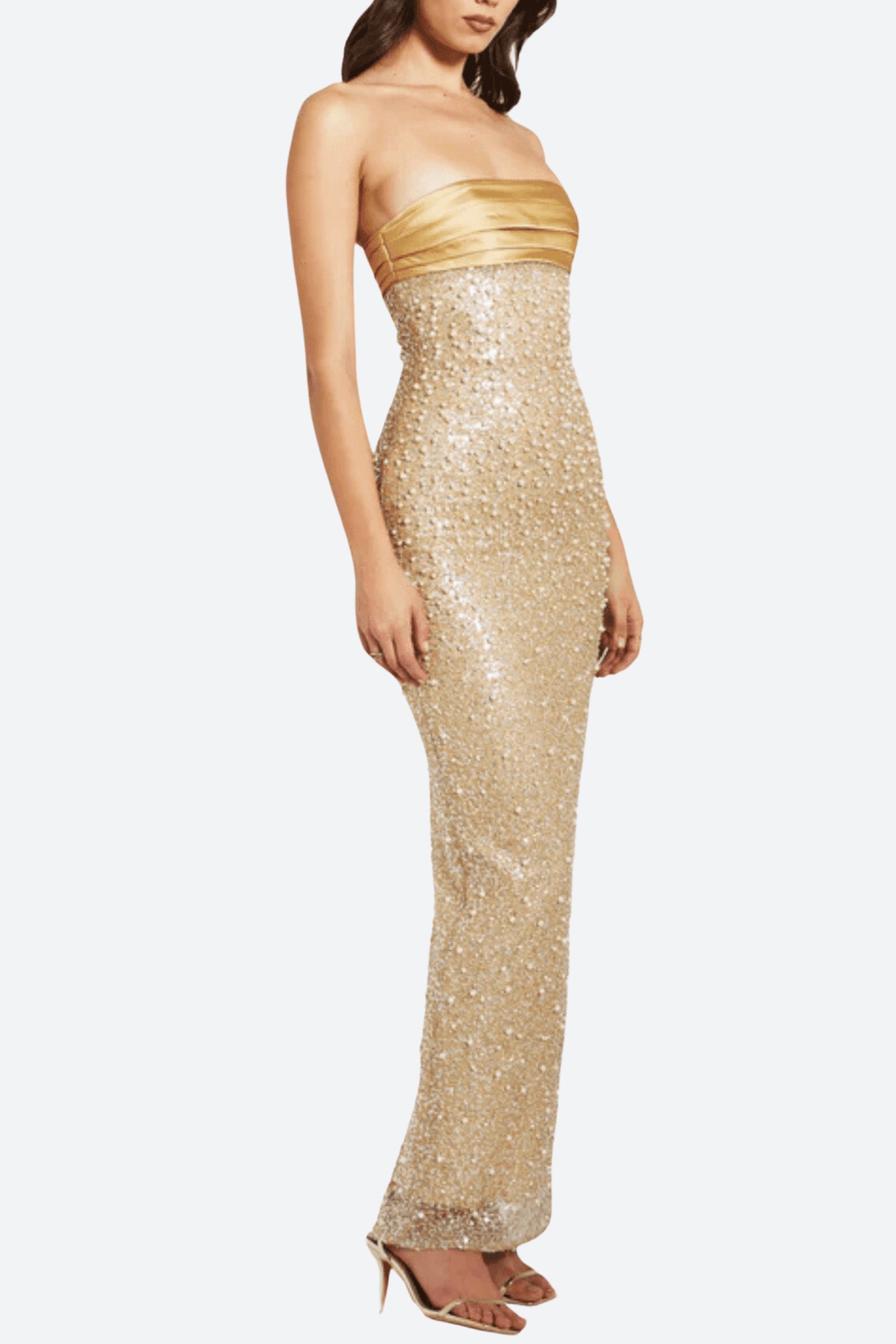 Flowering Girl Women Gold Satin Sequin Pearls Beaded Maxi Dress