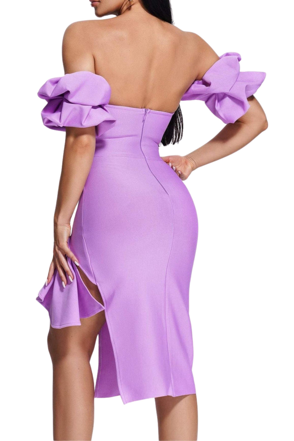 Flowering Girl Women Strapless Draped Sleeve Slits Bandage Dress In Purple