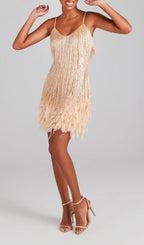 Champagne Tassel Feather Mini Dress