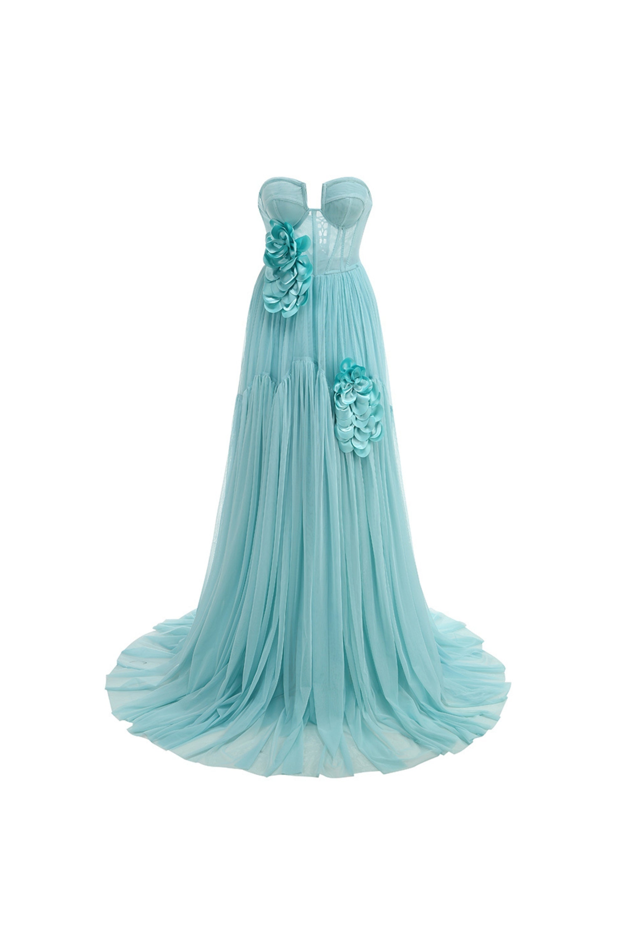 Flowering Girl Women Floral Strapless Tulle Maxi Dress In Blue