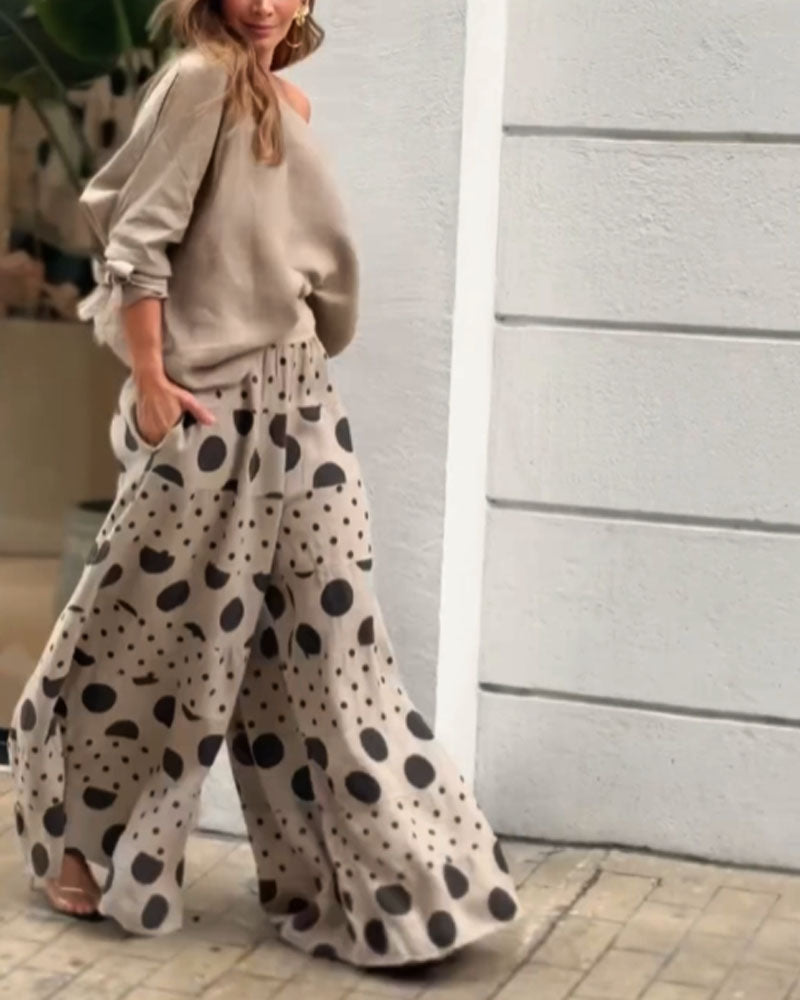 Flowering Girl Women Casual Shoulder Top & Printed Pants Two-Piece Set
