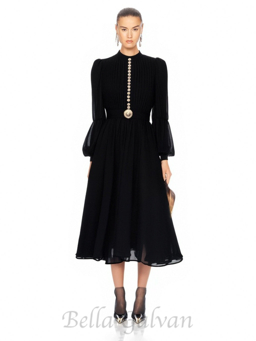 Flowering Girl Women Lantern sleeve silk midi dress in black