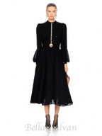 Flowering Girl Women Lantern sleeve silk midi dress in black