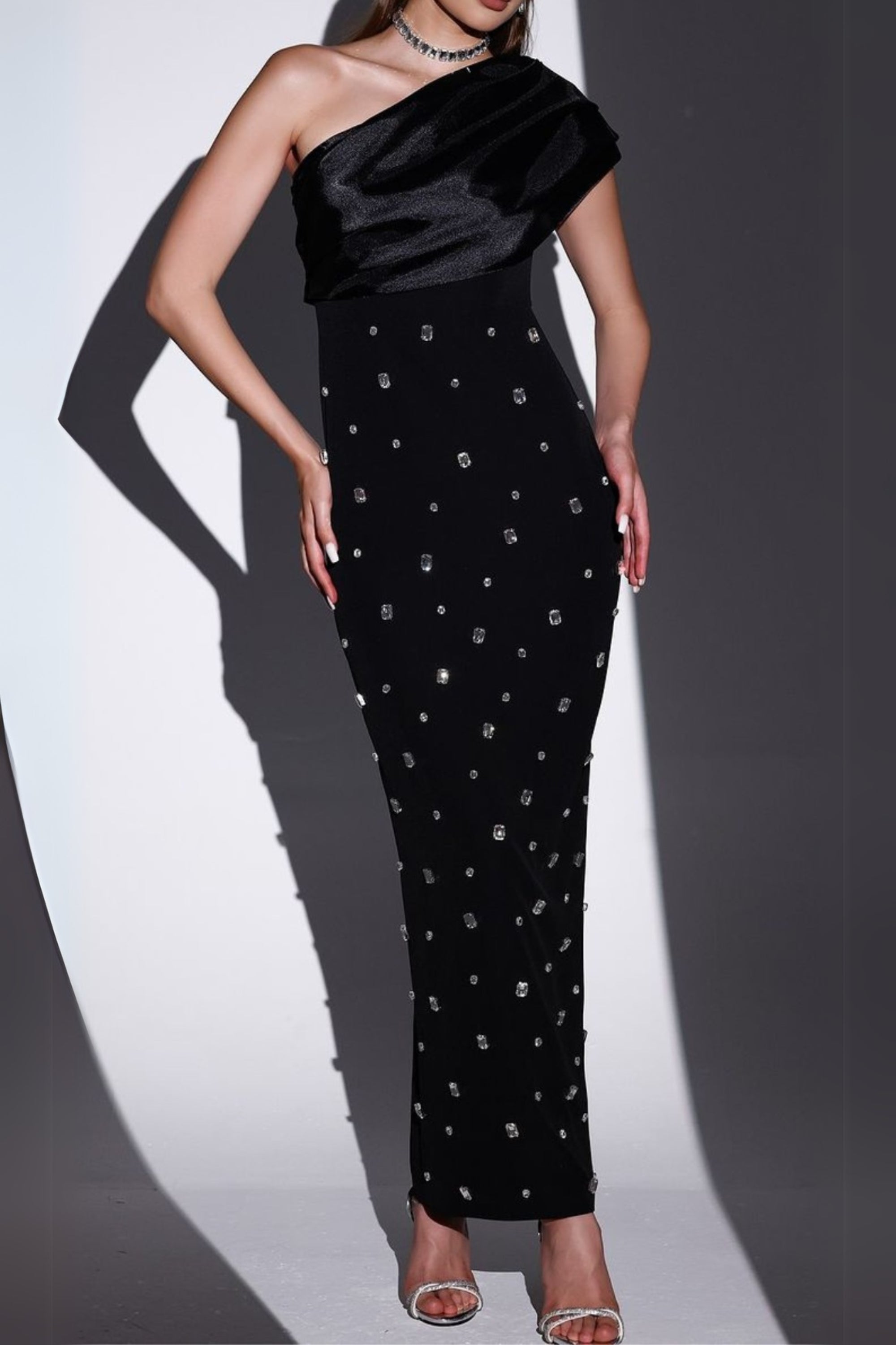Flowering Girl Women One-Shoulder Crystal-Embellished Bandage Maxi Dress In Black