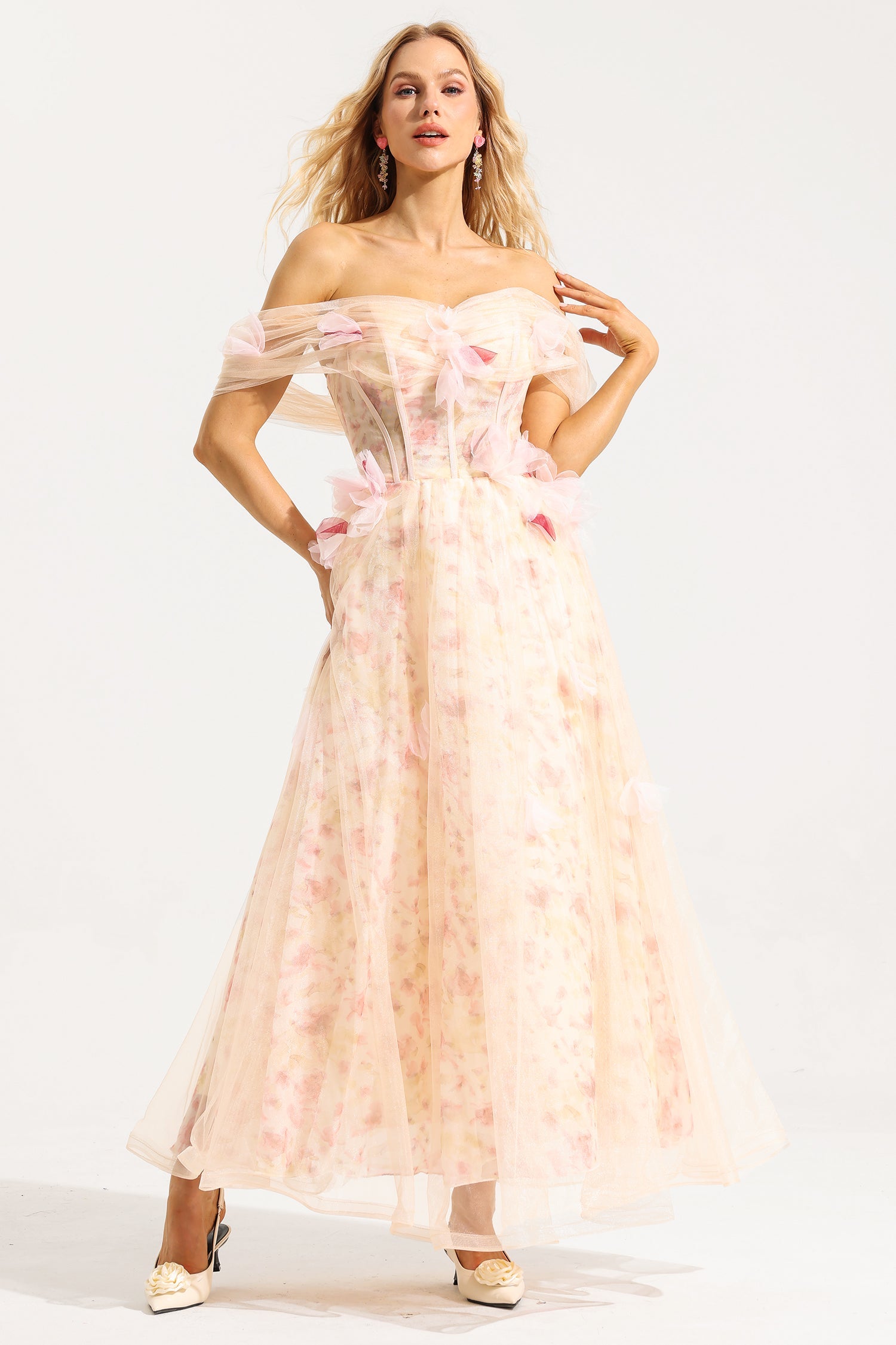 Flowering Girl Women Mesh 3D Floral Off-Shoulder Midi Dress