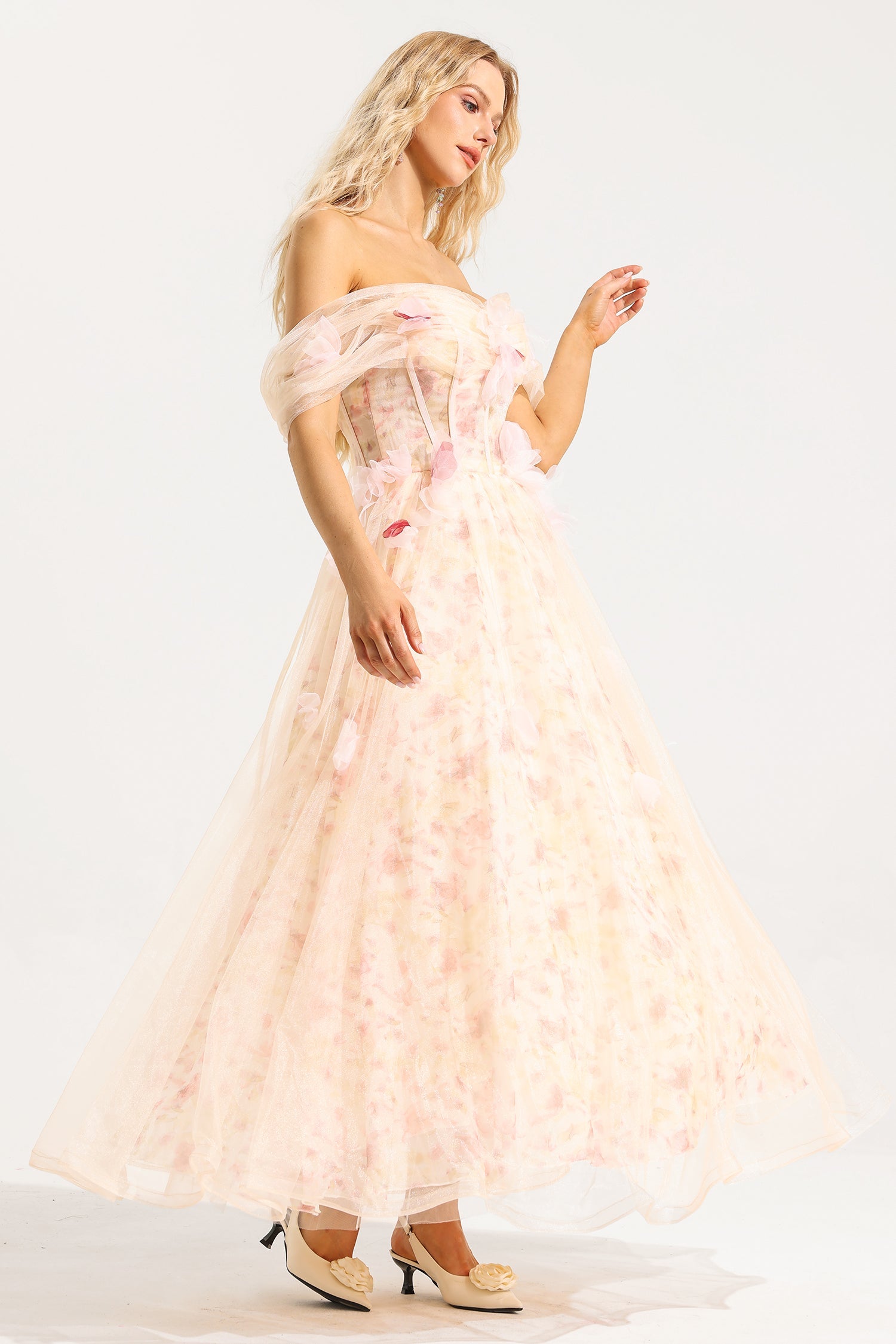 Flowering Girl Women Mesh 3D Floral Off-Shoulder Midi Dress