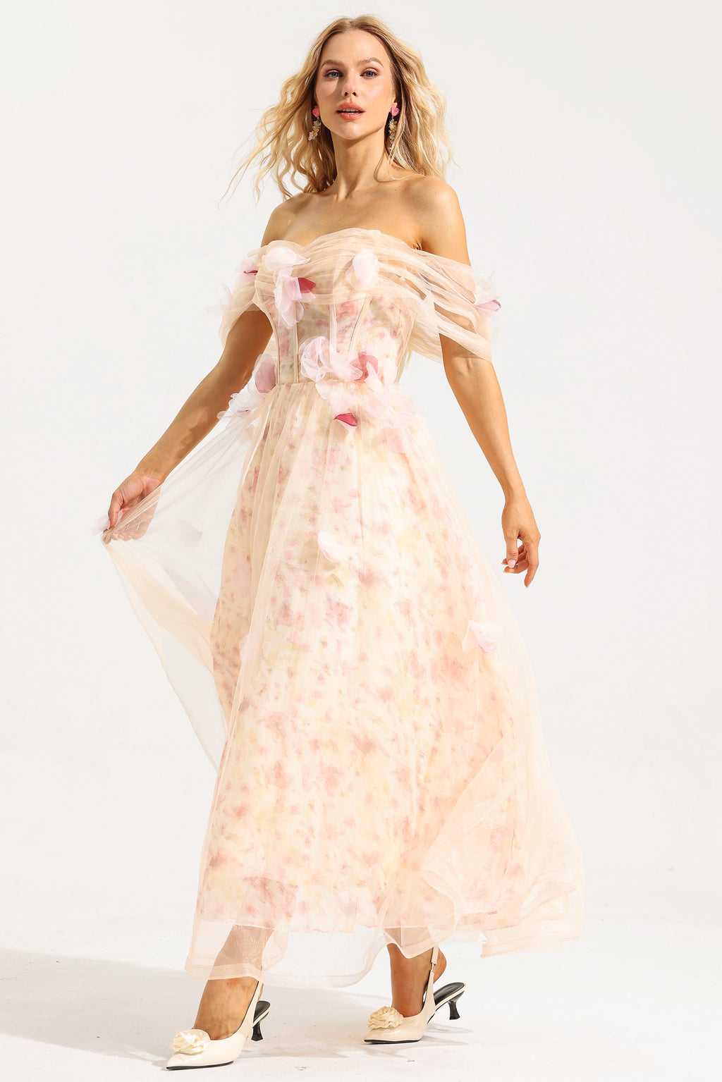 Flowering Girl Women Mesh 3D Floral Off-Shoulder Midi Dress