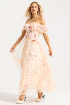 Flowering Girl Women Mesh 3D Floral Off-Shoulder Midi Dress