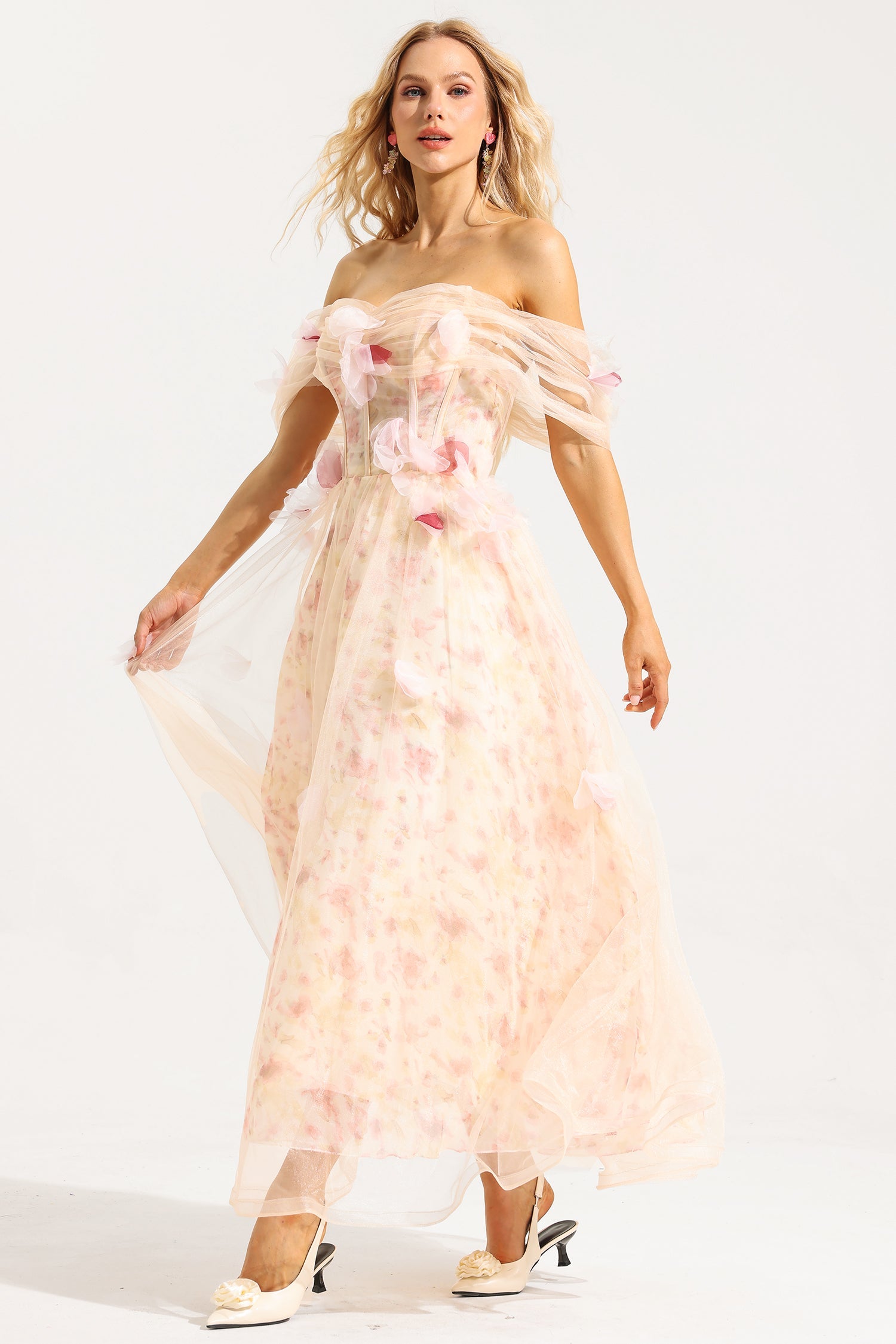 Flowering Girl Women Mesh 3D Floral Off-Shoulder Midi Dress