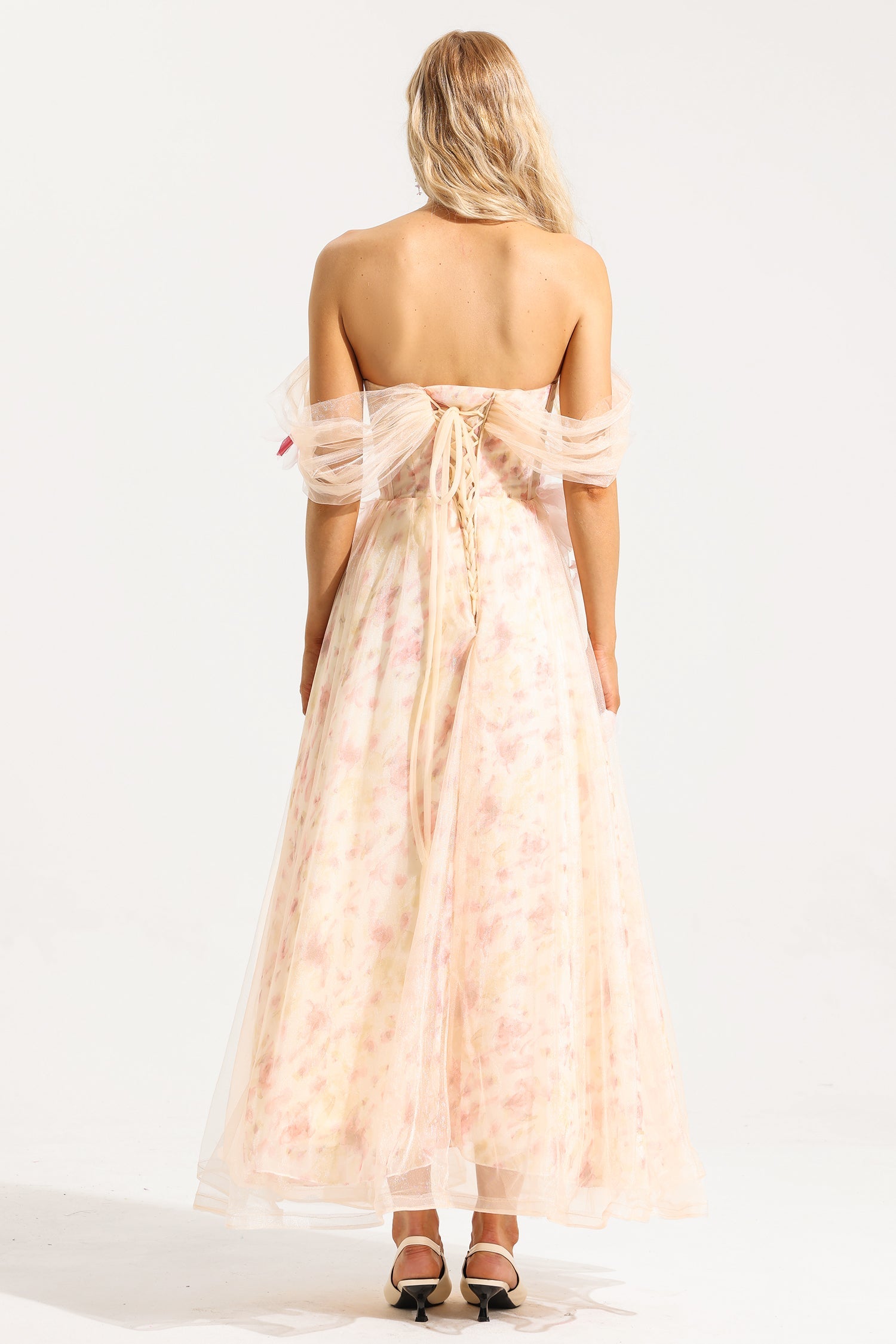 Flowering Girl Women Mesh 3D Floral Off-Shoulder Midi Dress