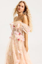 Flowering Girl Women Mesh 3D Floral Off-Shoulder Midi Dress