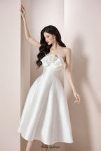 Flowering Girl Women mignon 3d flower satin strapless midi dress in white