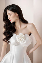Flowering Girl Women mignon 3d flower satin strapless midi dress in white