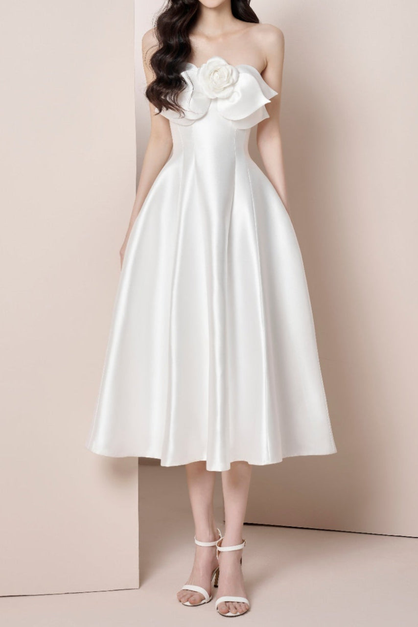 Flowering Girl Women mignon 3d flower satin strapless midi dress in white