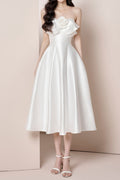 Flowering Girl Women mignon 3d flower satin strapless midi dress in white