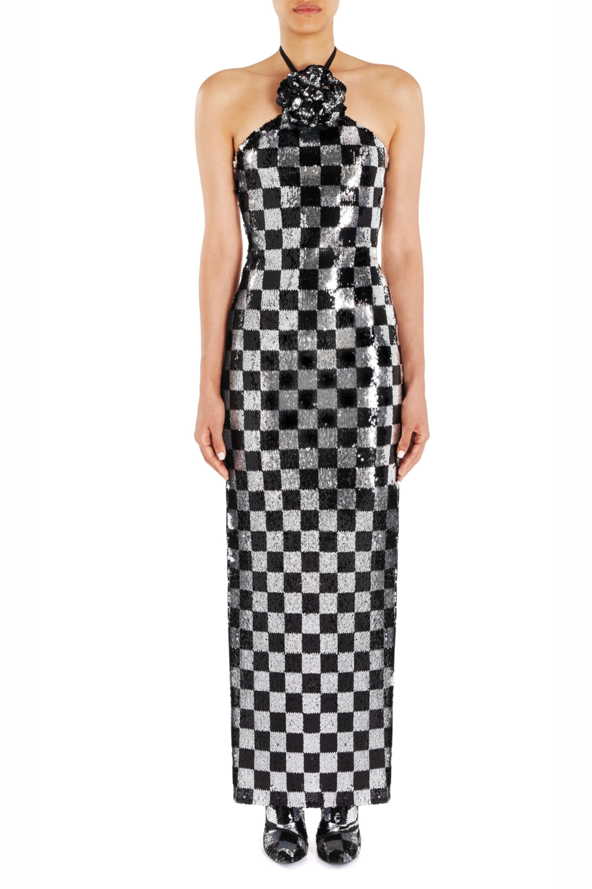 Flowering Girl Women Checkerboard Sequin Halter Gown With Flower