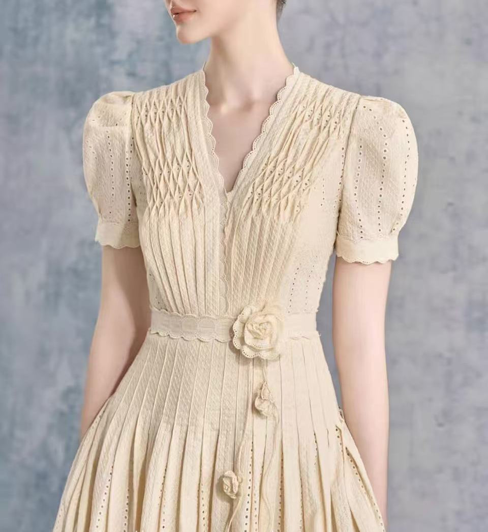 Pleated V-Neck Bud Sleeves Flower Waist A-Line Skirt