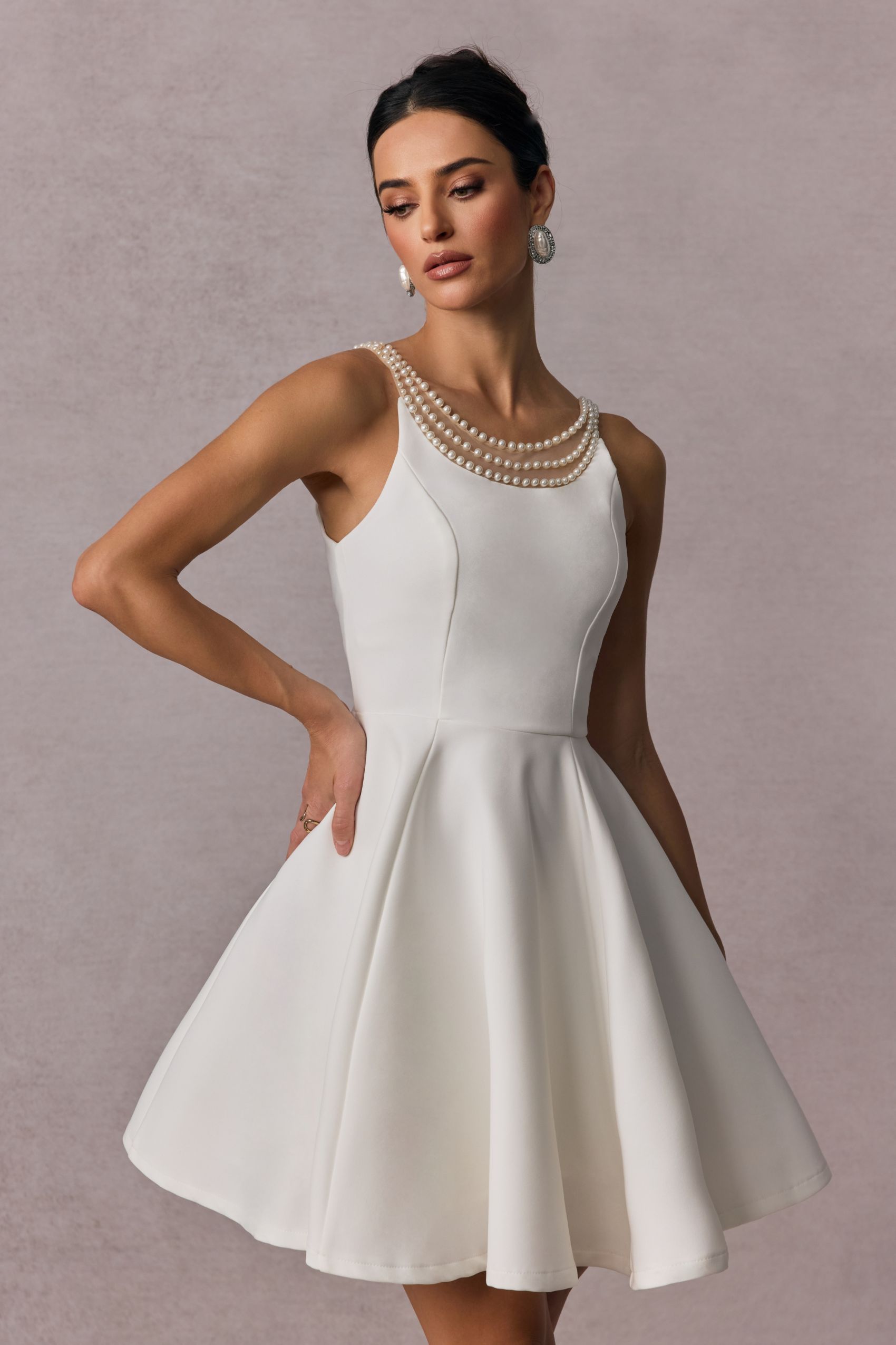 camille Open Back Pearl Embelished Mini Dress in white