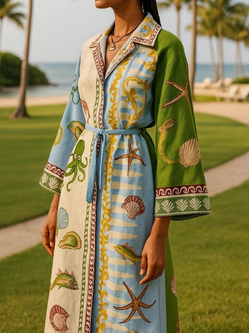 Flowering Girl Women Belted Printed Twill Midi Shirt Dress