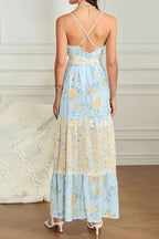 Floral Print Cami backless V Neck A Line maxi Dress - blue