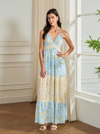 Floral Print Cami backless V Neck A Line maxi Dress - blue